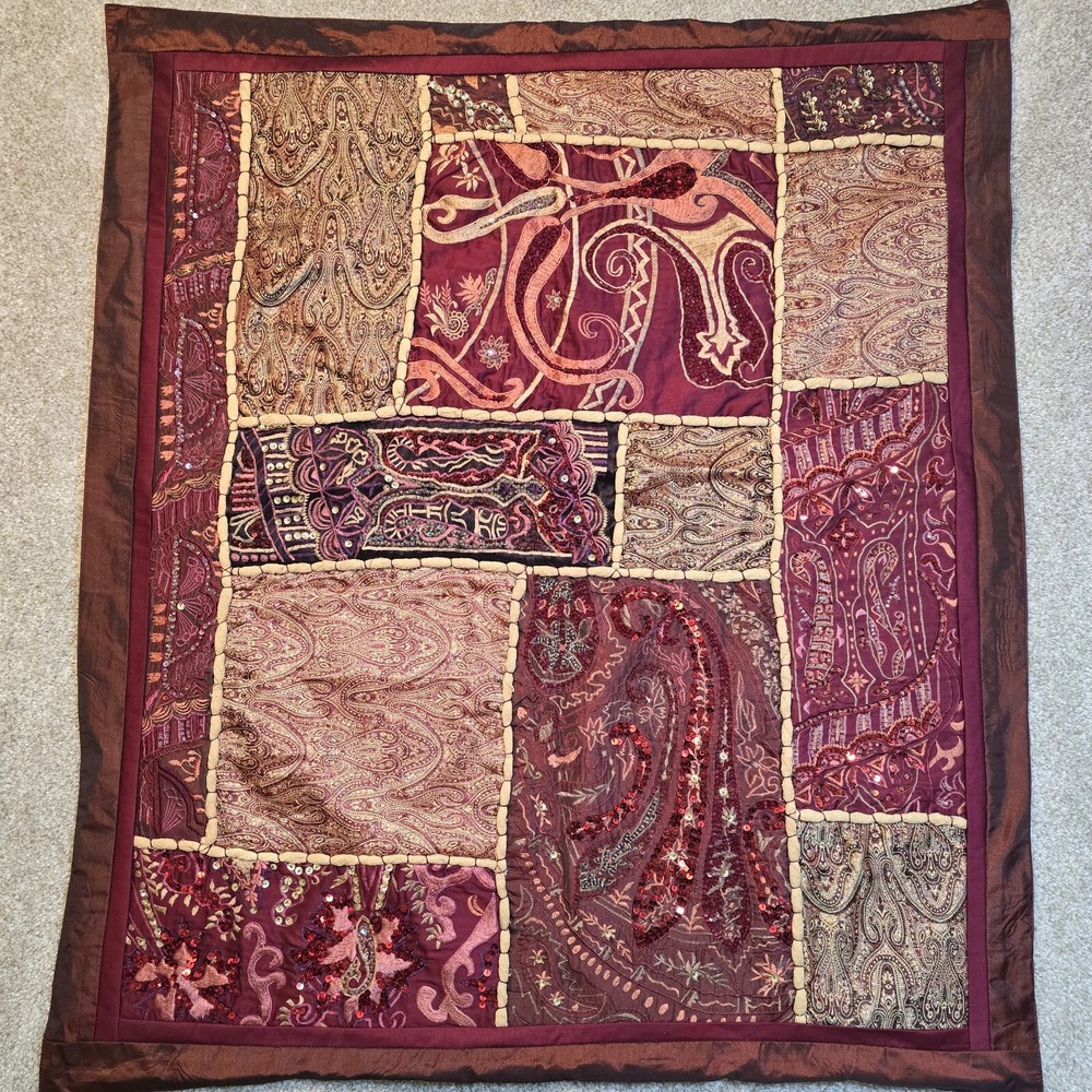 Beaded Sequin Tapestry Wall Hanging Patchwork Embroidery Bohemian India 35"x29"