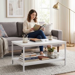 31” Rectangle White Coffee Table with Storage Shelf Metal Feet for Living Room