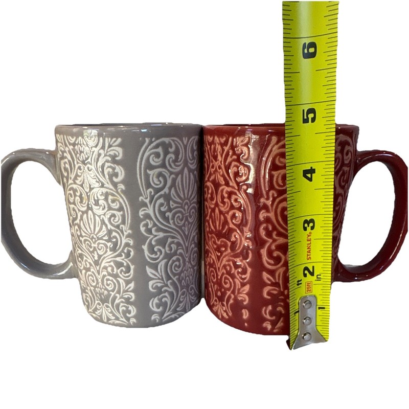 Gallery Tabletops Evanston Ceramic Mug Set of 2 12oz Red Gray Damask Safe gallery