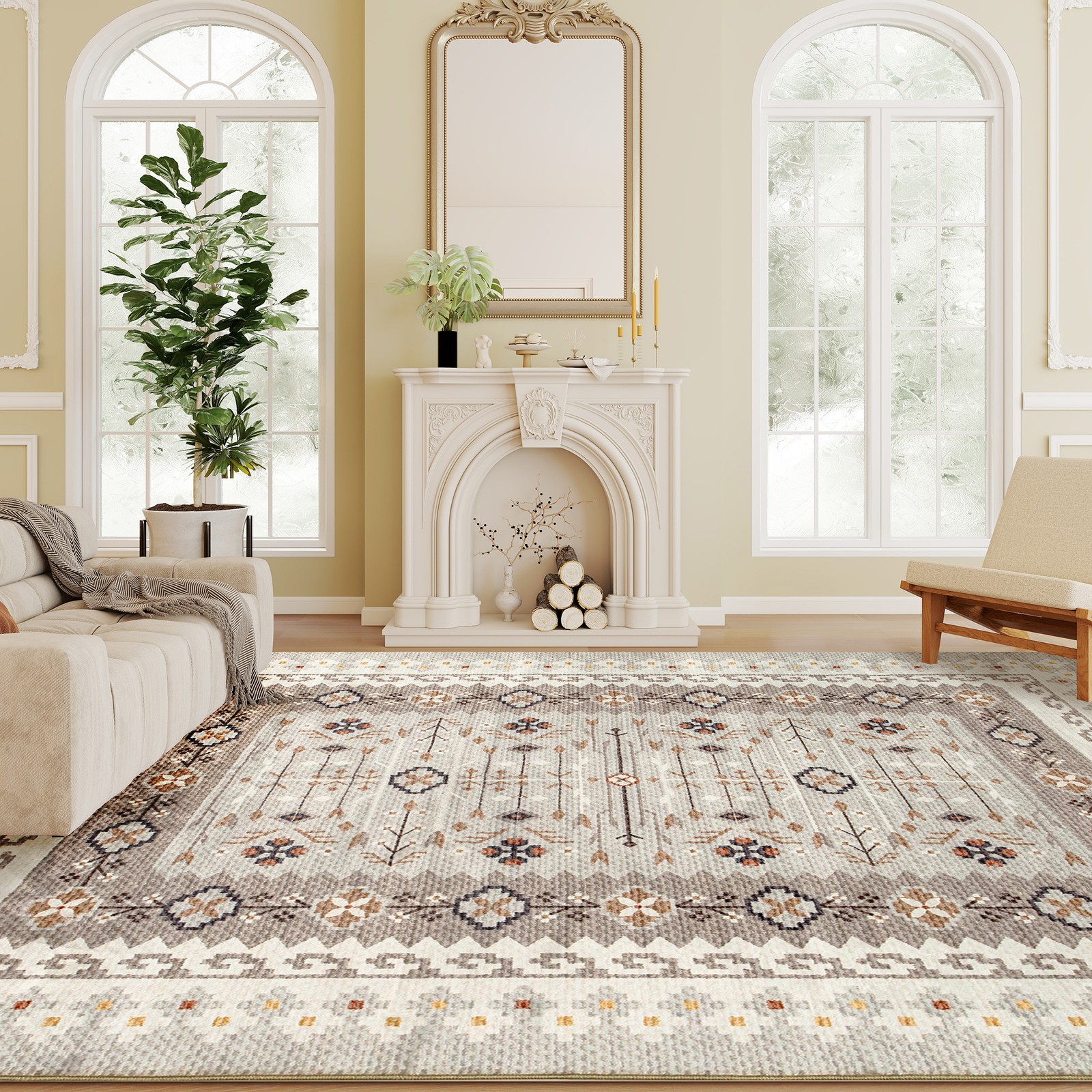 HOMCOM Area Rug 8x10, Non-Slip Boho Flannel Print Floor Carpet, Brown gallery