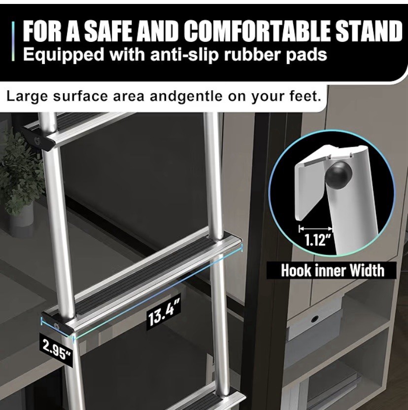 Bunk Bed Ladder, 3-Level Height Adjustment (59.5”/60.5”/61.5”) Anti-Slip RV Dorm gallery