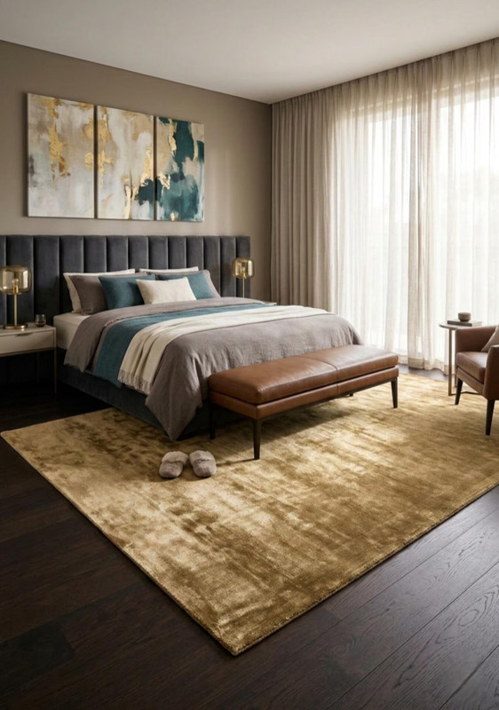Gold Viscose Silk Rug, Solid Beige Area Rug, Handmade Soft Living Room Carpet, gallery