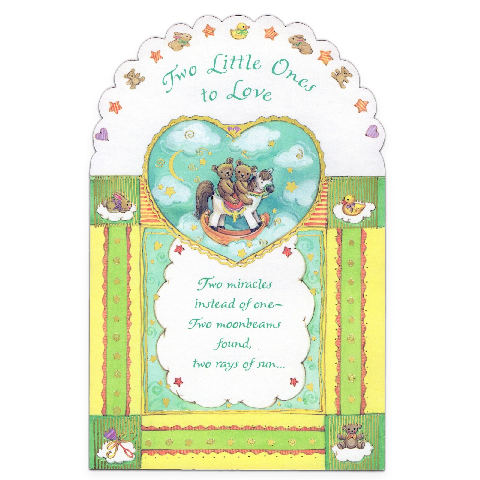 Cute NEW BABY TWINS Card, Two Miracles Teddy Bears Horse — American Greetings +✉ gallery