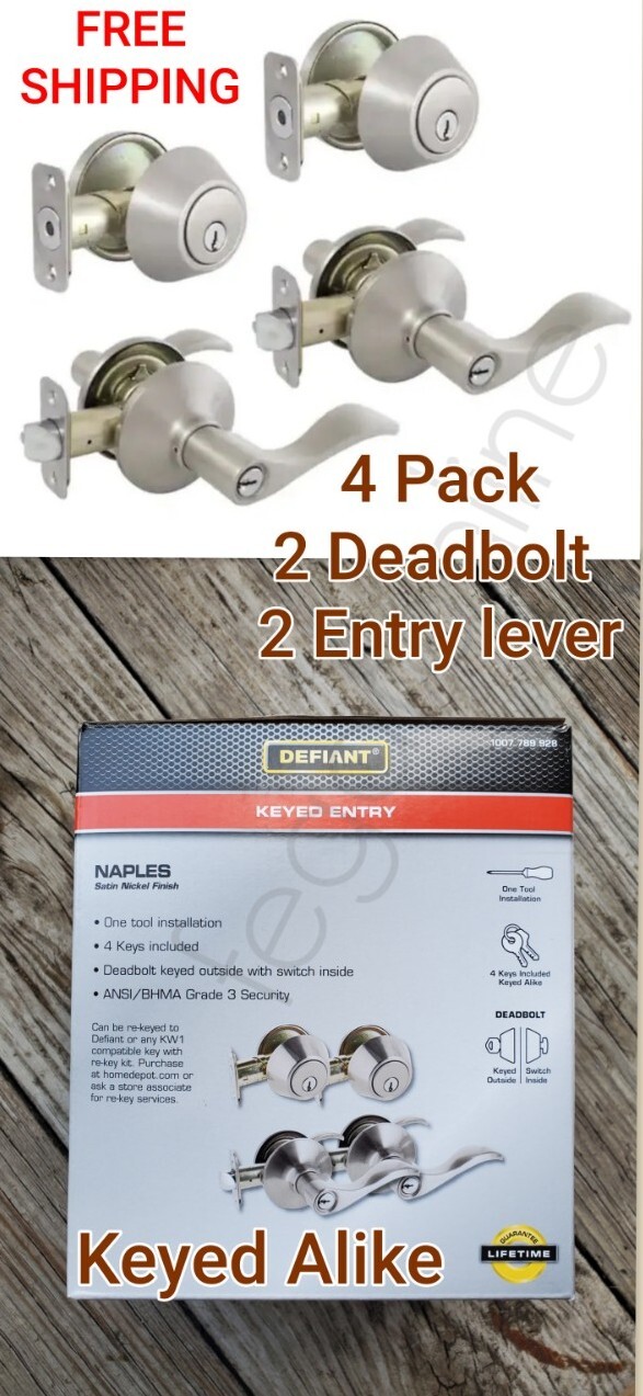 4 PACK Defiant Keyed Alike Entry 2 Deadbolts 2 Levers Set Naples Satin Nickel gallery