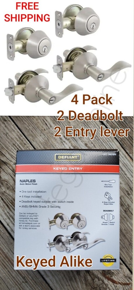 4 PACK Defiant Keyed Alike Entry 2 Deadbolts 2 Levers Set Naples Satin Nickel