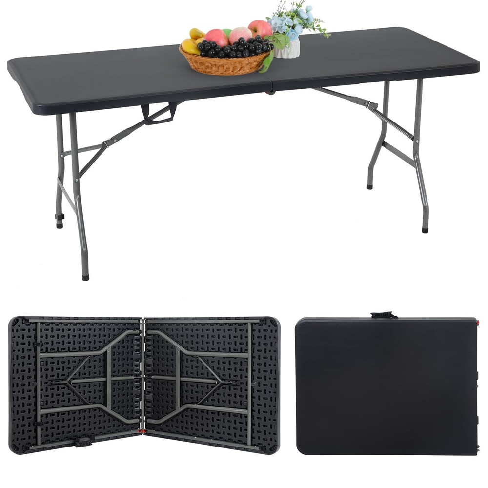 FDW Folding Half Table – 6 FT, Black, Portable for Parties/Events