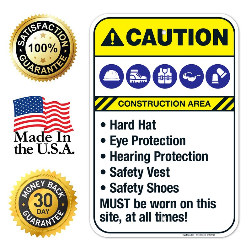 Hard Hat Eye Protection Hearing Protection Safety Vest Sign, ANSI Caution Sign, gallery