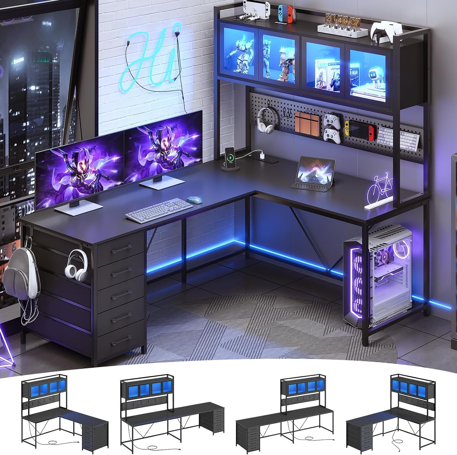 L Shaped Gaming Desk with Led Lights and Power Outlet, Gaming Desk with Pegboard gallery