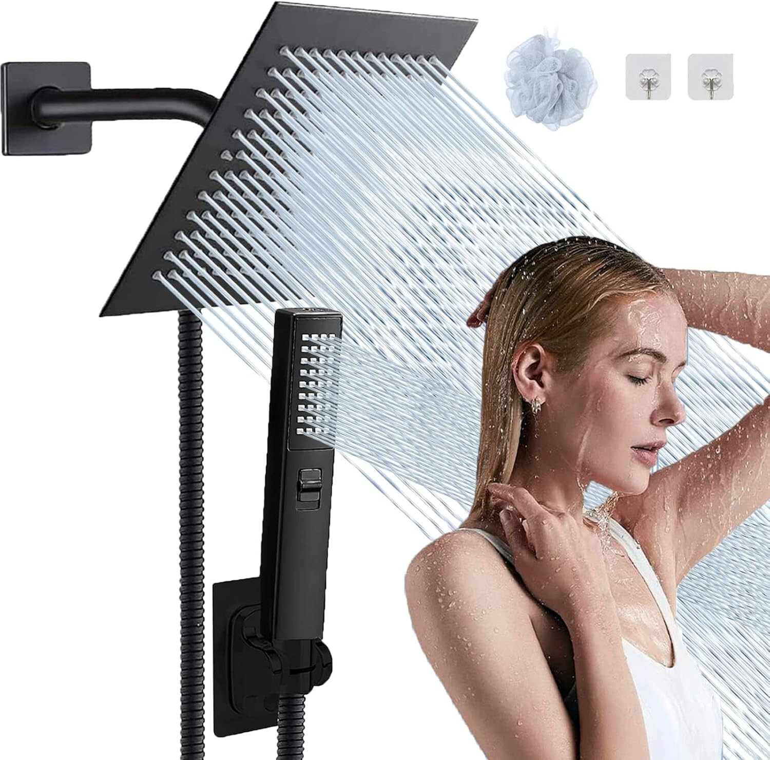 8" High Pressure Square Rain Shower Head and 2-in-1 Hand Shower 78" Hose, Black gallery