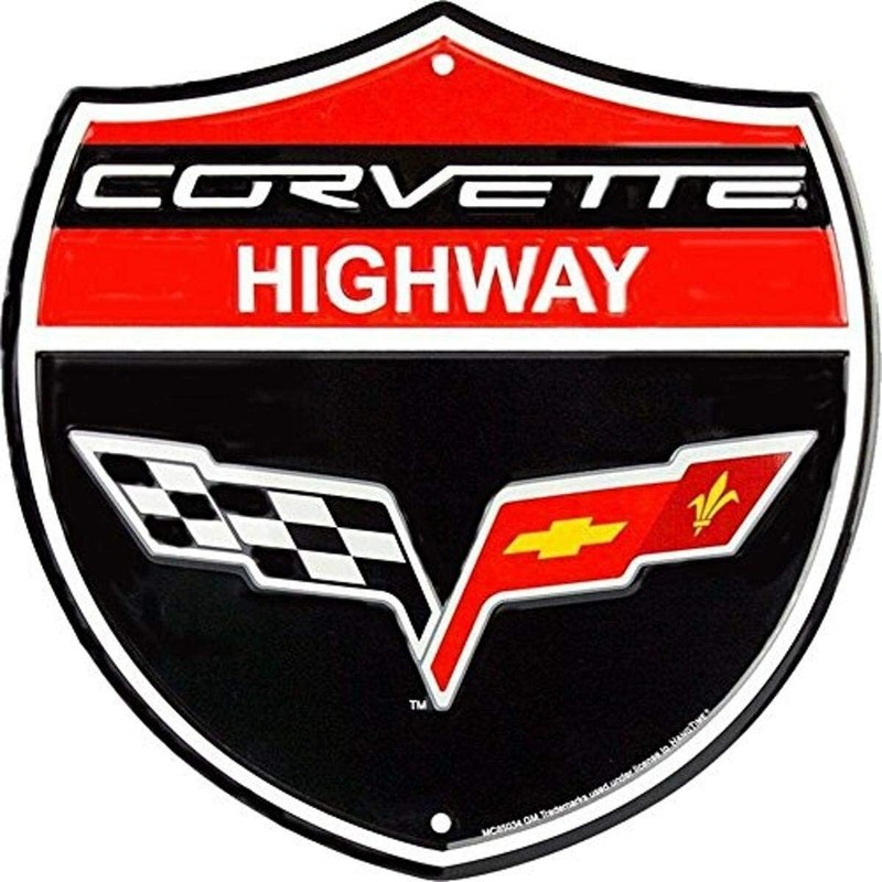 CHEVY CORVETTE HWY SHIELD 24" X LARGE ROUND SIGN METAL TIN EMBOSSED LOGO GARAGE gallery