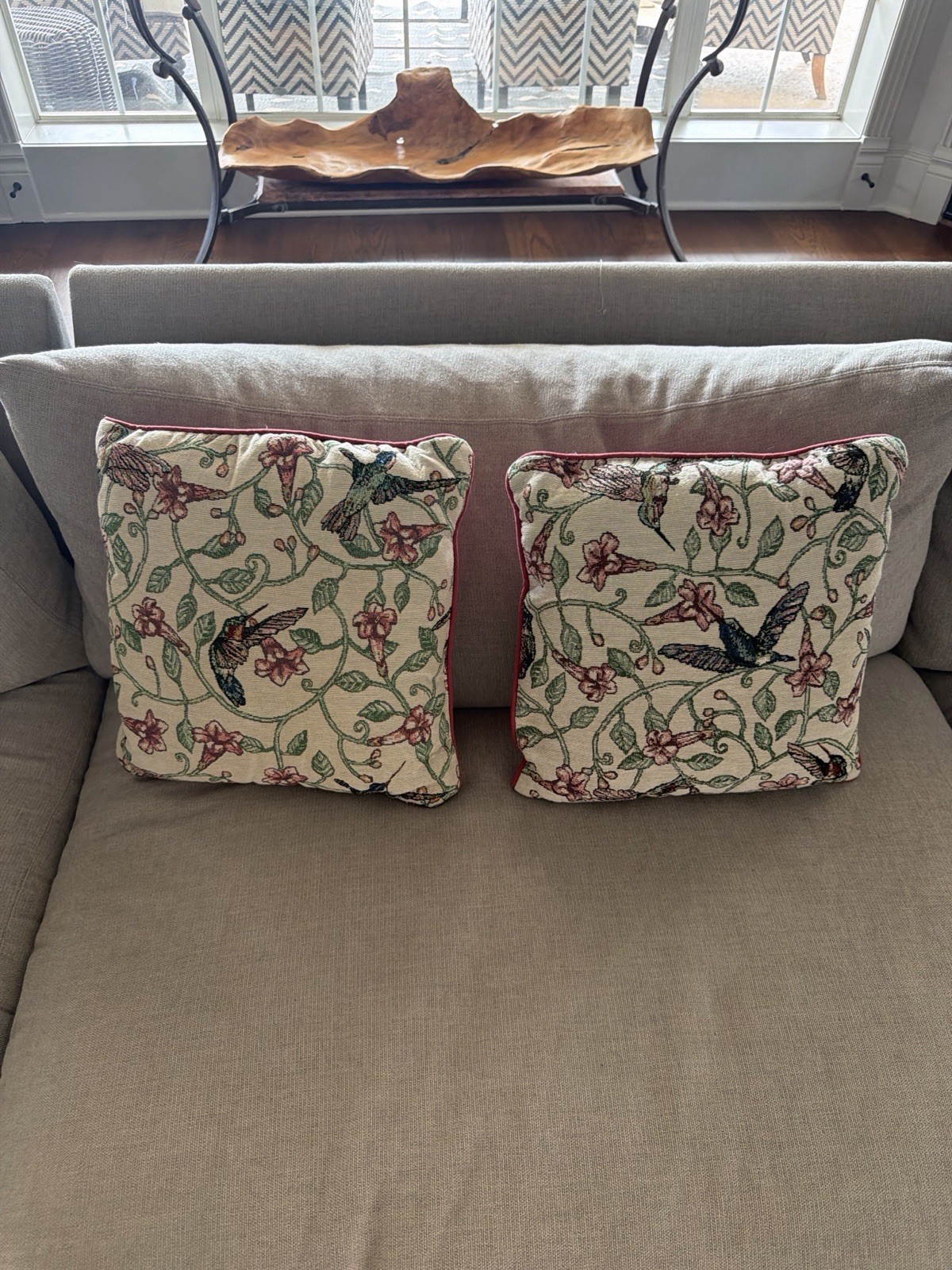 Hummingbird Floral Tapestry Throw Pillows Pair 15x15 Cottage Garden Decor VTG gallery