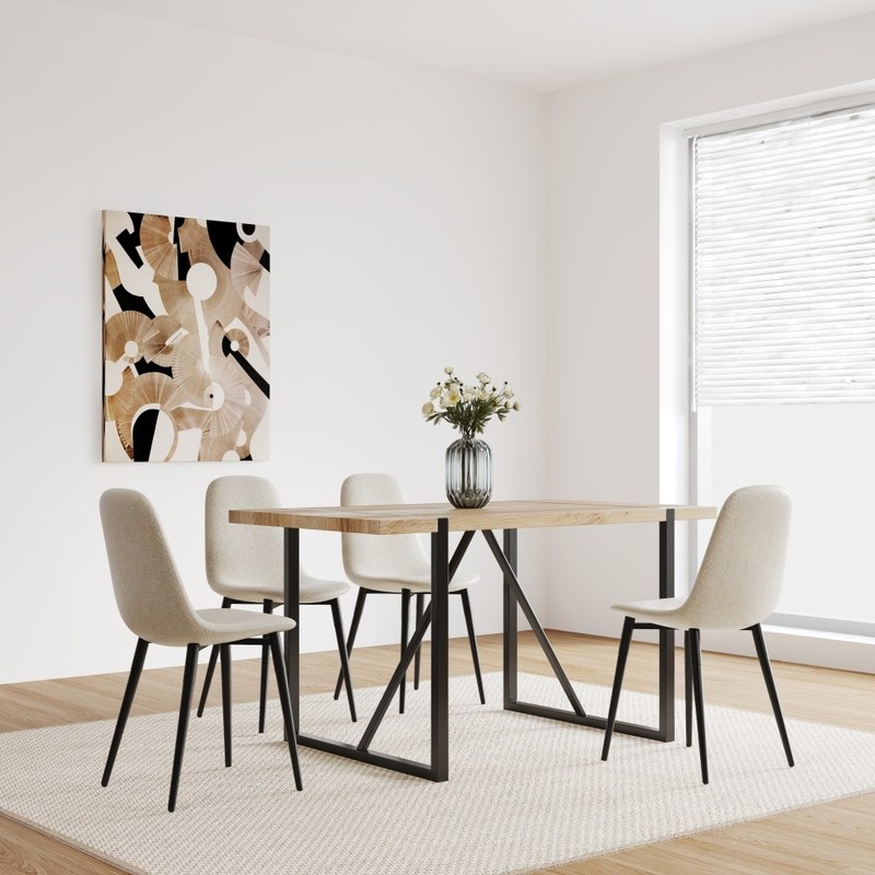 55" MDF Wood Dining Table Set with 4 Linen Dining Chairs Mid Century Modern gallery