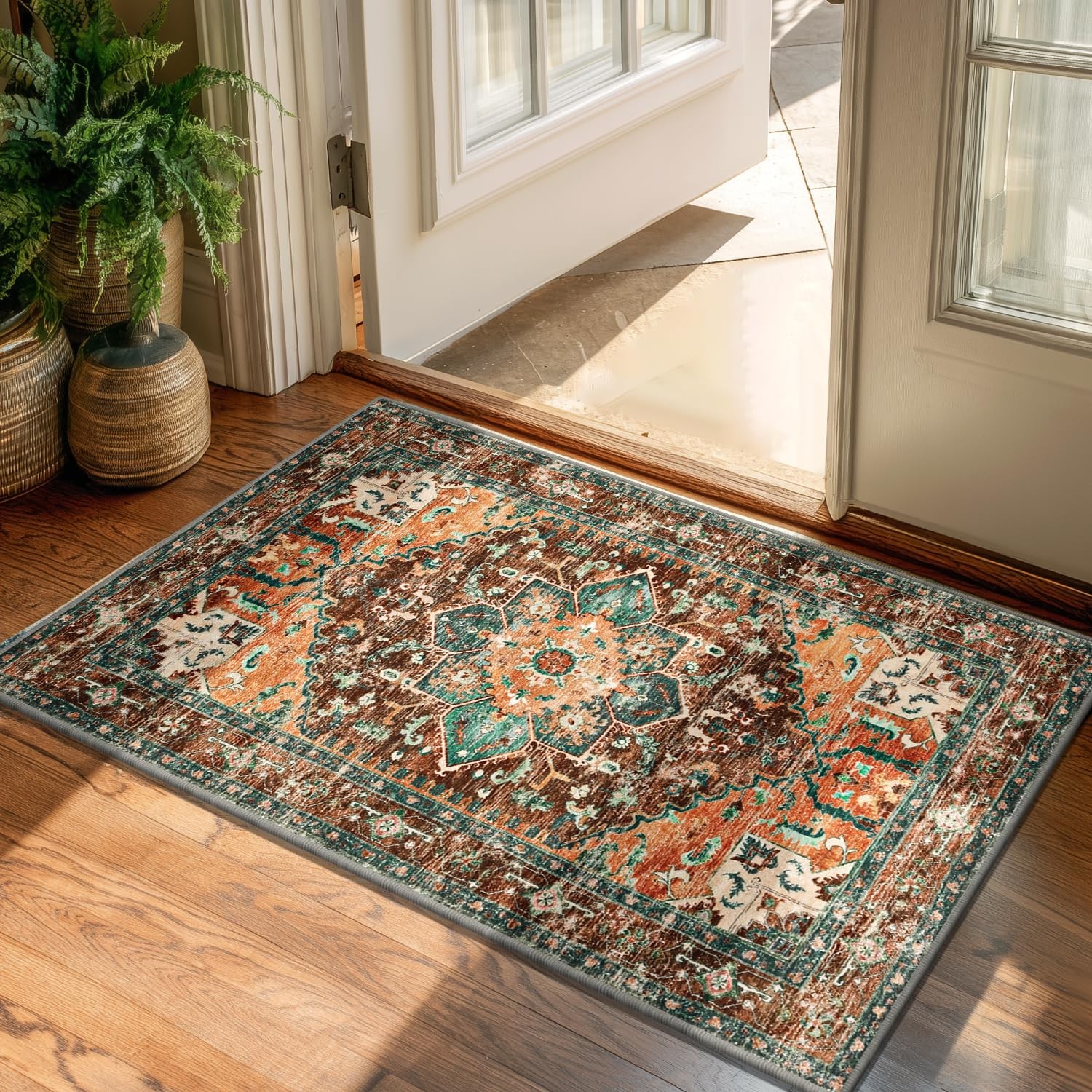 Yamaziot Washable Area Rug, 2x3 Small Entryway Rug 2' x 3', Rust/Dull Teal gallery