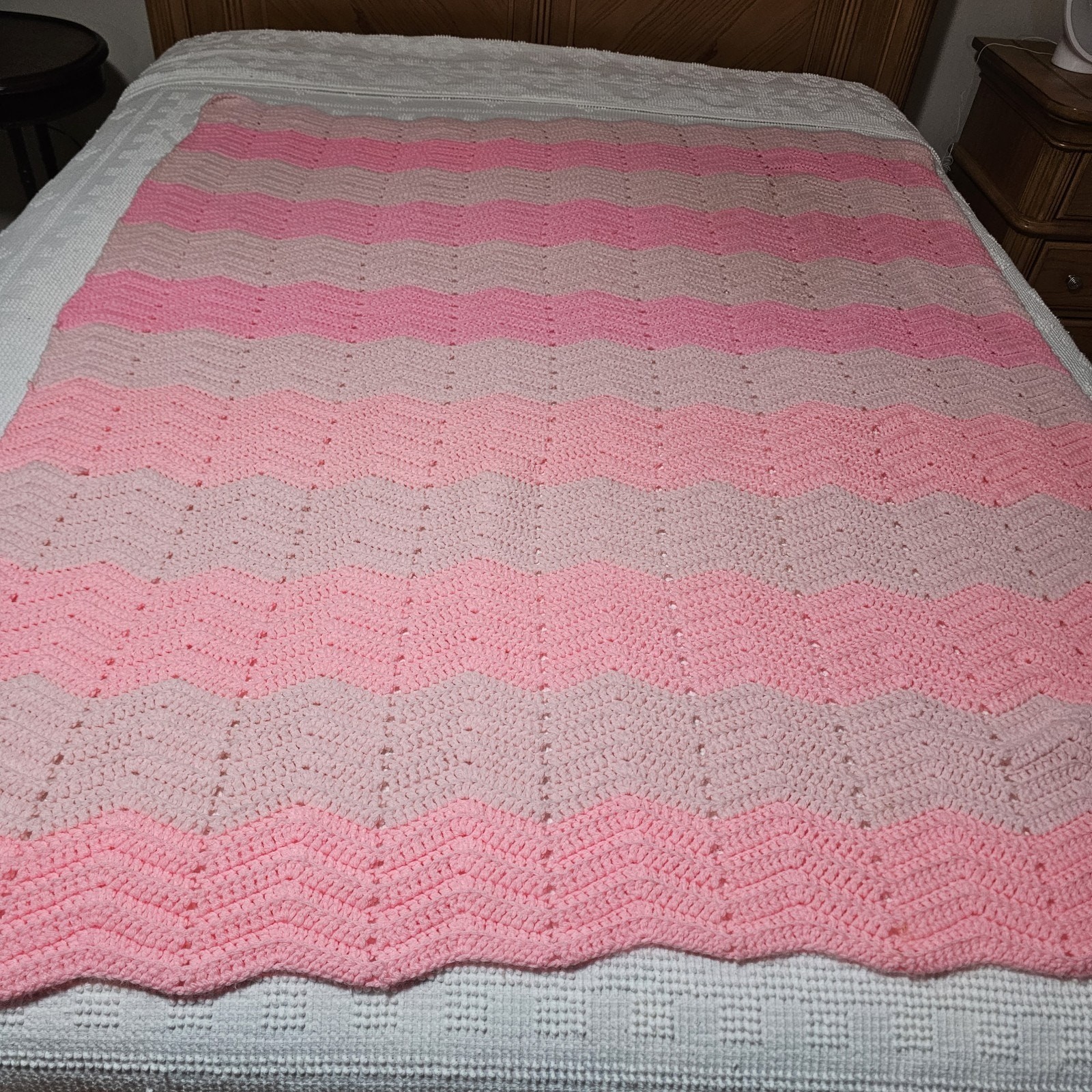 Crochet Handmade Afghan Throw Blanket Pink Ombre Chevron Stripe 58" X 49" gallery