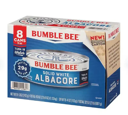 (Pack of 8) Bumble Bee Solid White Albacore Tuna in Water, 5 oz cans,29g Protein