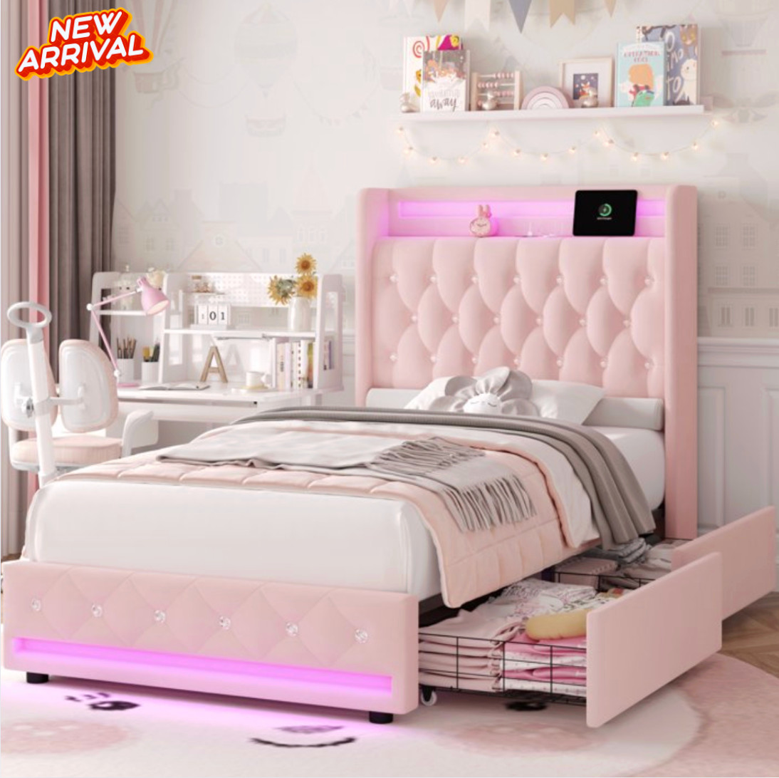 Twin Size Bed Frame Velvet Pink LED Toddler Kid Girl Bedroom Cama Para Niña gallery