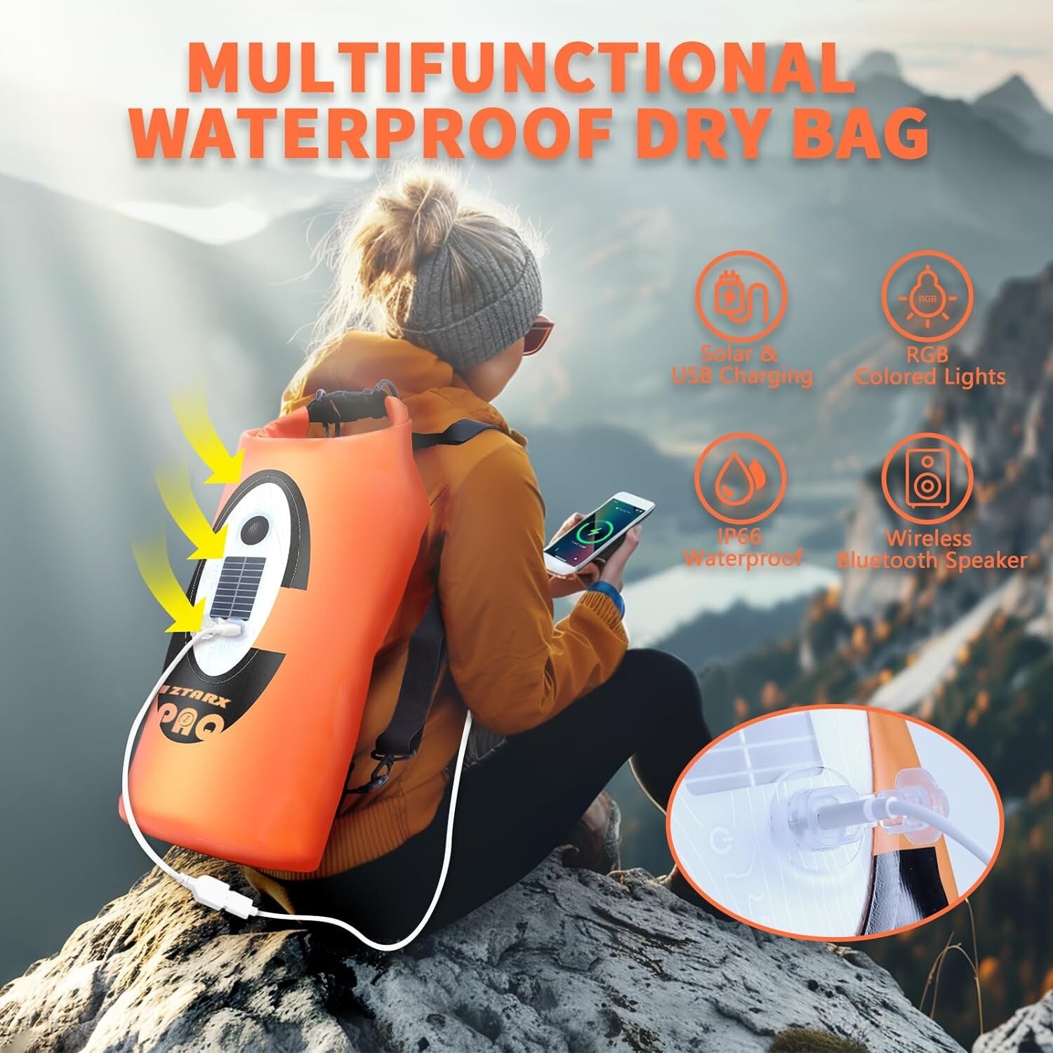 Solar/Battery Powered Multi-Functional Waterproof Backpack， IP66  Dry Bag