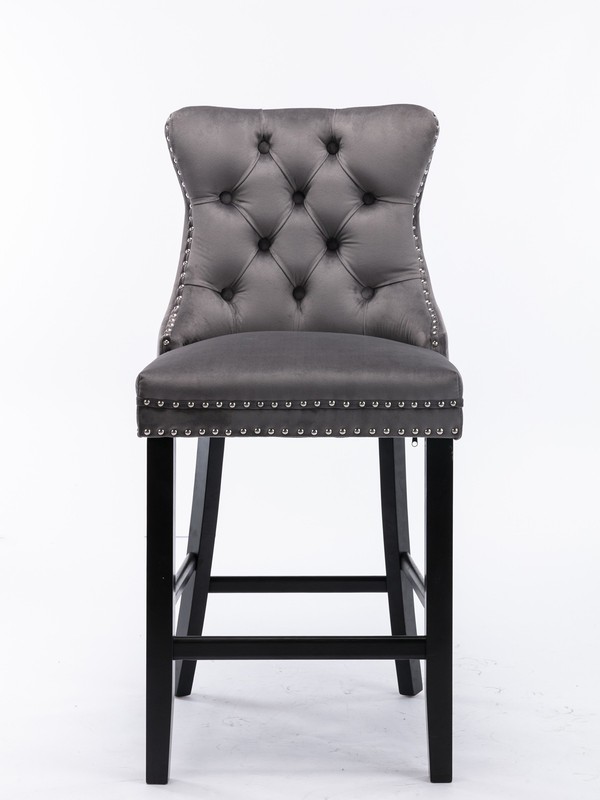 Contemporary Velvet Upholstered Barstools with Button Tufted Decoration and Wo gallery