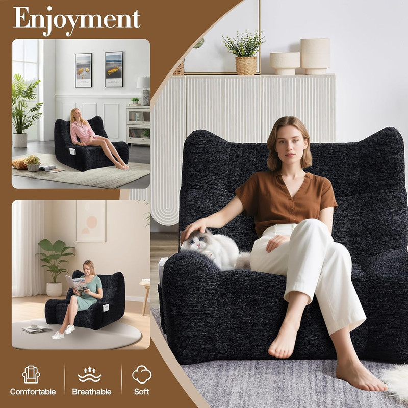 Oversized Bean Bag Chair with Armrests & Pockets - Comfy Lounge Sofa, Black gallery