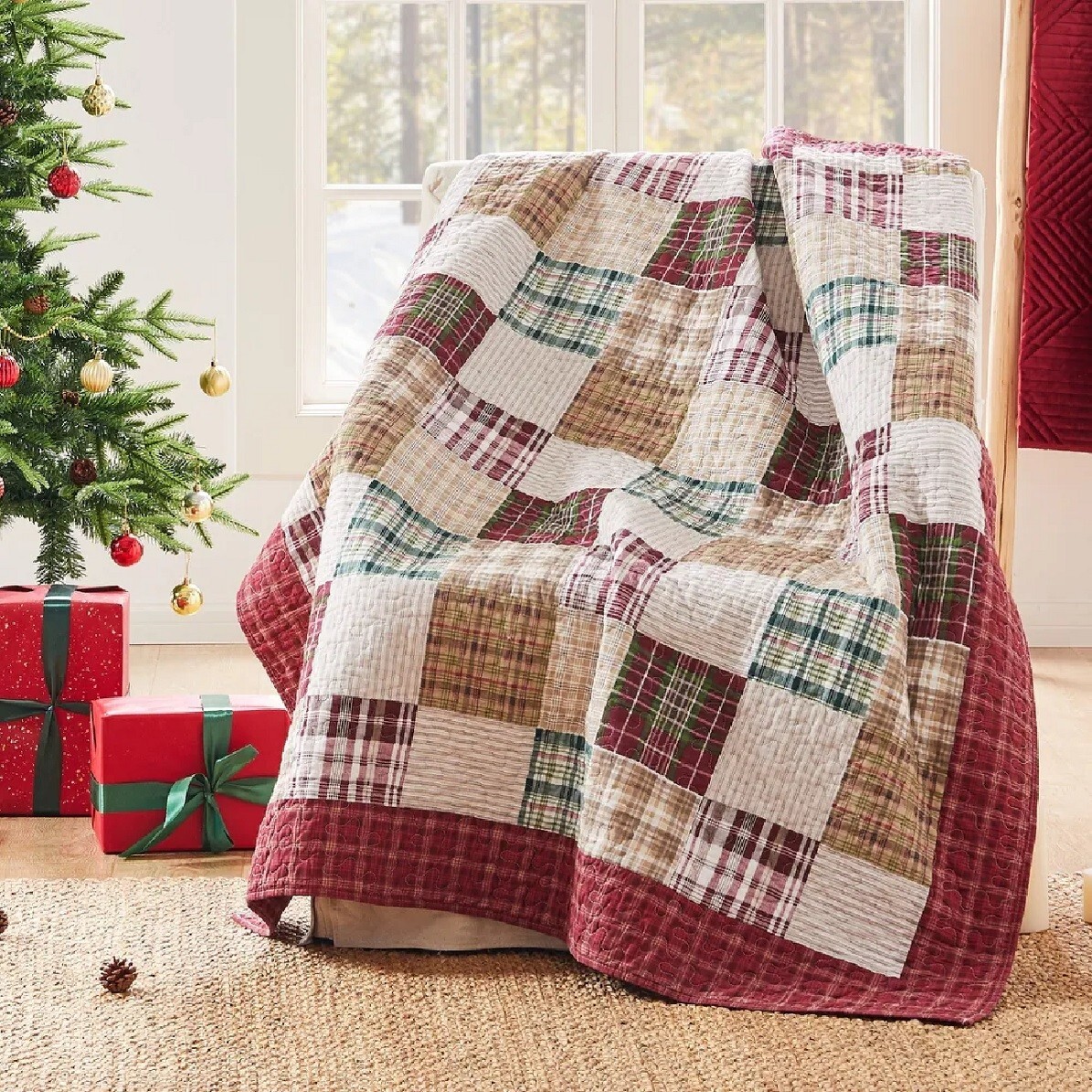 Throw Blanket Couch Chair Cover Red Tan Plaid Squares Quilted Cotton Reversible gallery