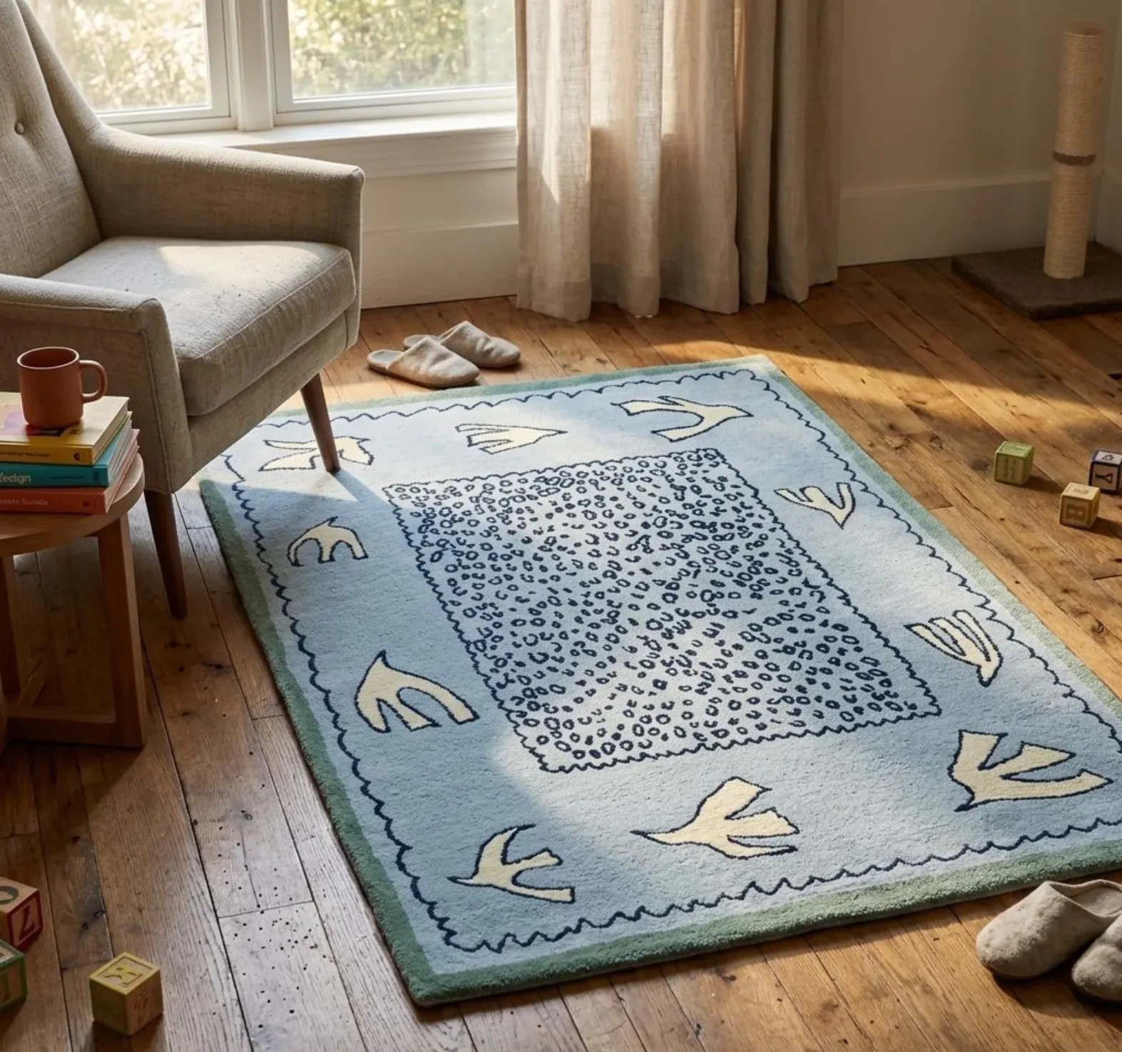 Hand Tufted Wool Rug, Scandinavian Bird Pattern Carpet, Minimalist Kids Room gallery