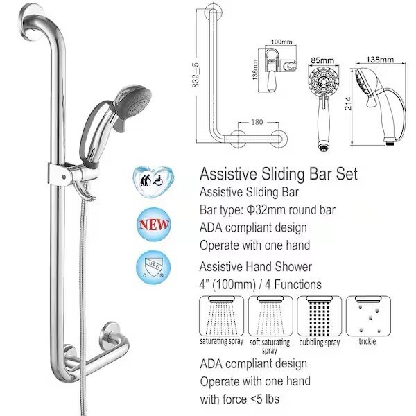 BWE Adjustable Removable Shower With Hose And ADA Safety Bar, Chrome gallery