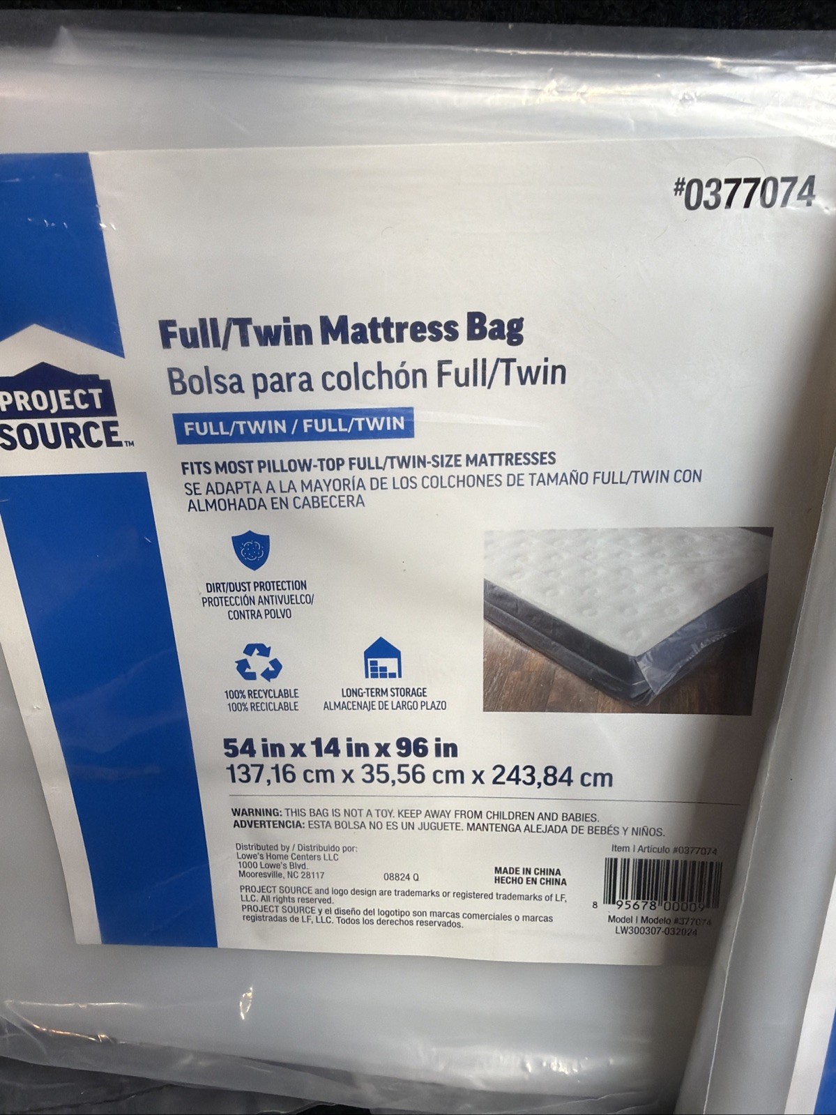 2 Pc Project Source Full/Twin Clear Mattress Bag #0377074. 54x14x96in. Brand New gallery