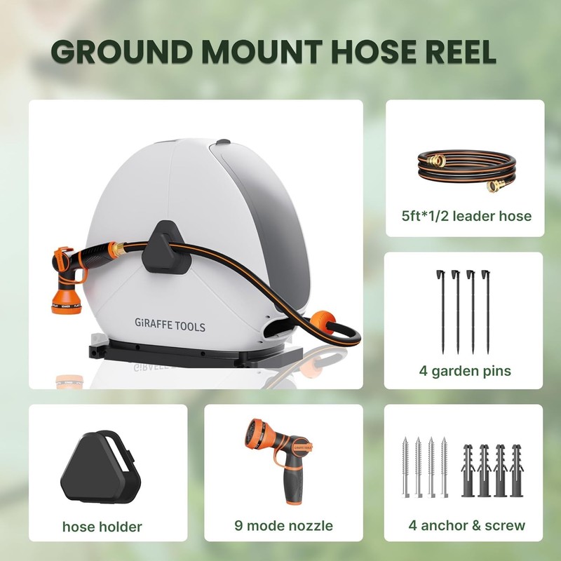 Giraffe Tools Ground Mounted Retractable Garden Hose Reel w/ 82-130FT Water Hose gallery