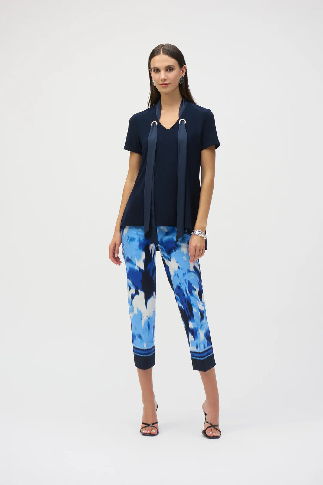 Joseph Ribkoff Blue/Vanilla Tropical Print Pull On Cropped Pants 252229 gallery