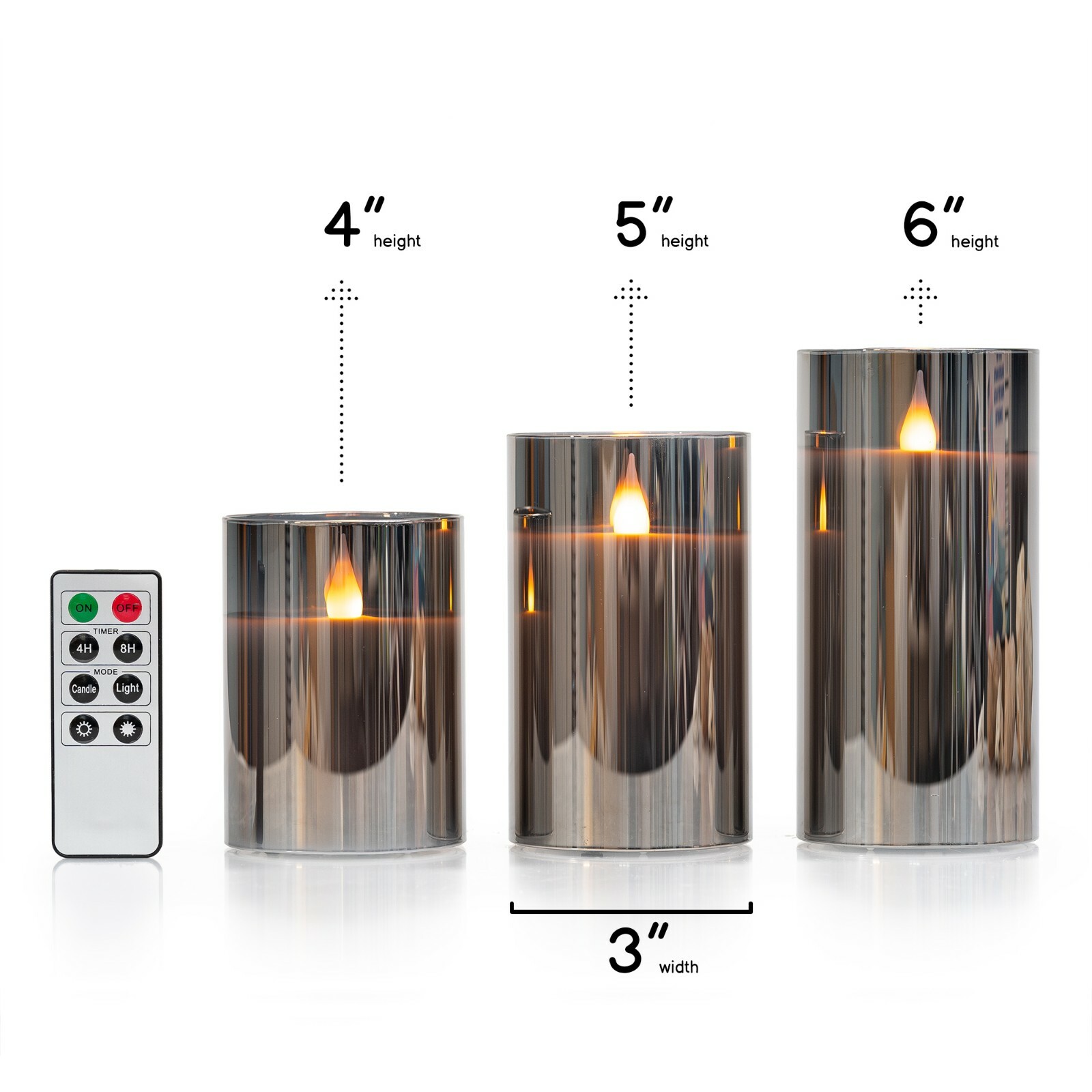 Metallic Mirrored Glass Flicker LED Flameless Candle 3-Pack 4" 5" 6" w/ Remote gallery
