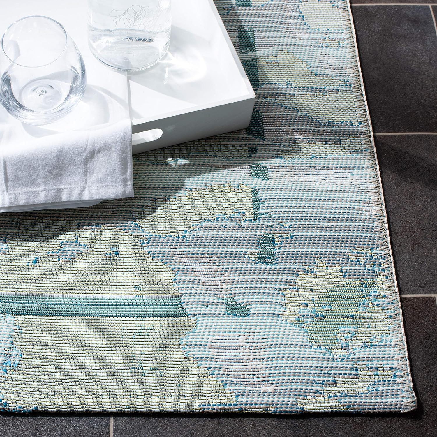 Teal & White Washable Outdoor Rug - 8' Square, Non-Shedding, Easy Clean gallery