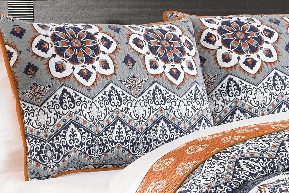 MEDINA MEDALLION 3pc Queen QUILT SET : COTTON BOHO BLUE ORANGE MANDALA MOROCCO gallery