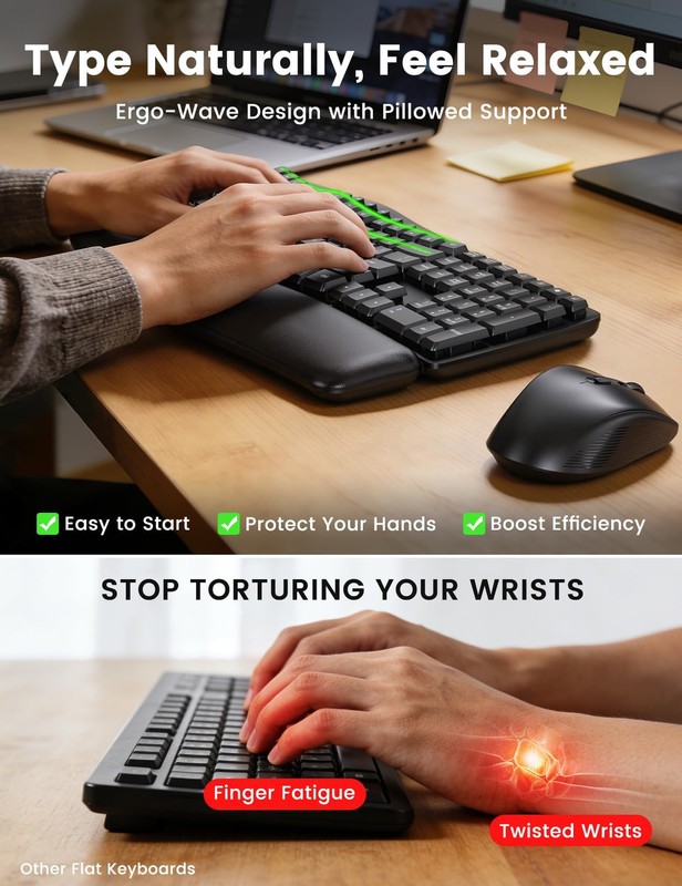Ergonomic Wireless Keyboard and Mouse Combo, 30dB Quiet Full Size Keyboard Set w gallery