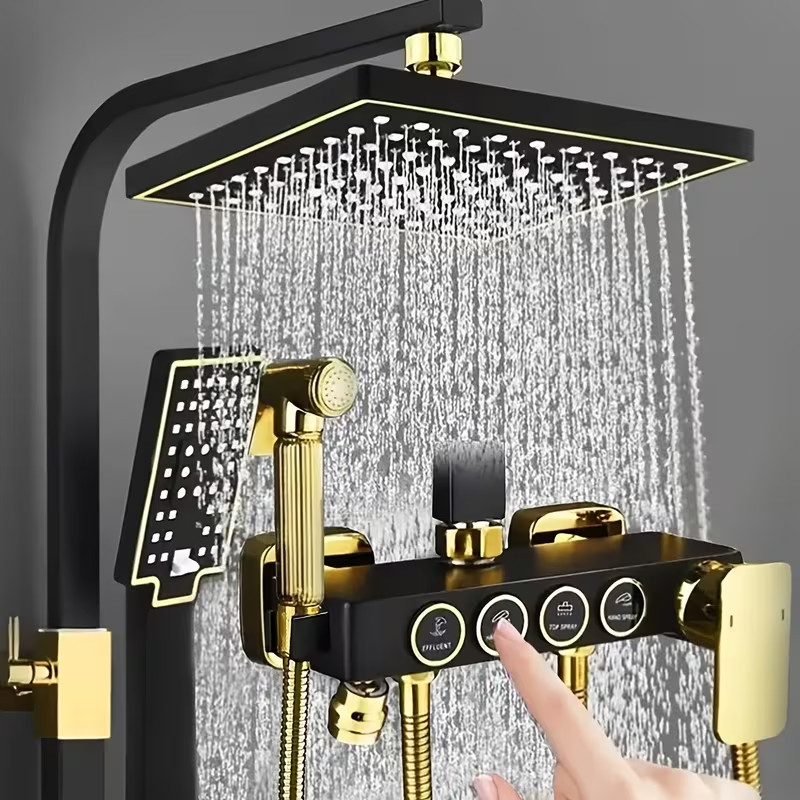1set Black Golden Shower System, Bathroom Single Handle Shower Sets with 20cm Ra gallery