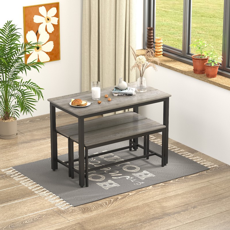 Dining Table Set Bar Table w-2 Dining Benches Table & Chairs Grey for 4 people gallery
