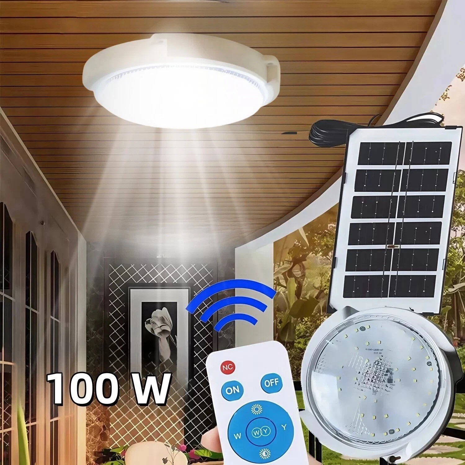 100W Solar Power Ceiling Pendant Light Remote Control Out/Indoor Lamp Waterproof gallery