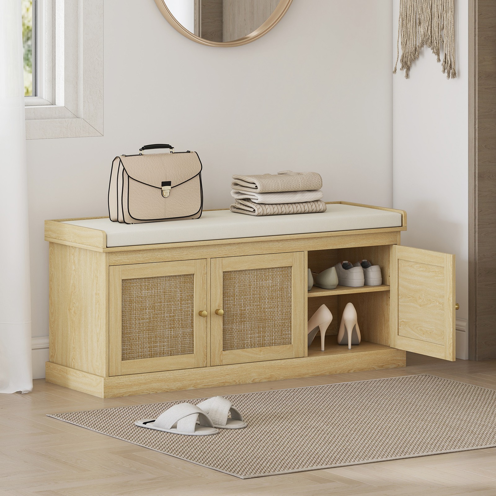 HOMCOM Shoe Bench with Rattan Doors, Cushion, Entryway Shoe Storage, Oak gallery