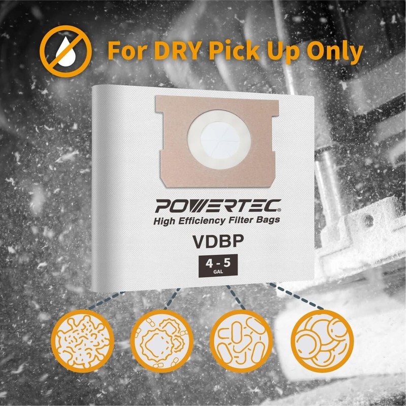 POWERTEC 75023-P2 High Efficiency Filter Bags for Vacmaster VDBP, 6PK gallery
