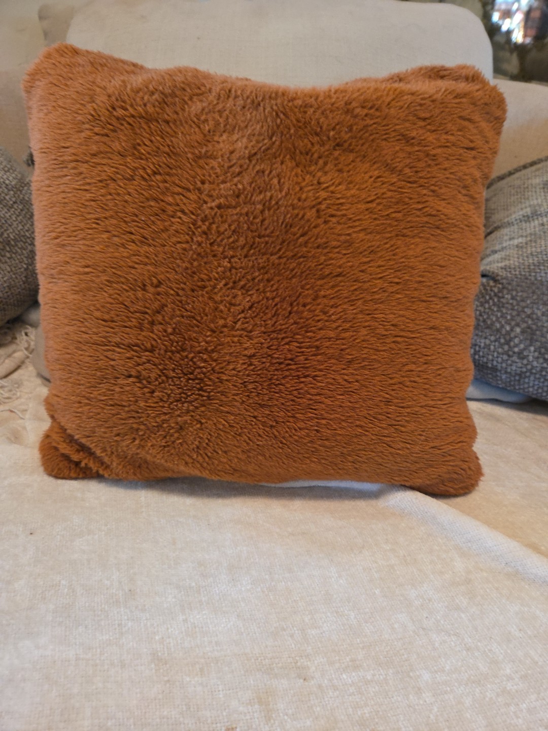 Vintage MCM Owl Throw Pilllow Fuzzy Brown Beige 13x13" 1960s 1970s gallery