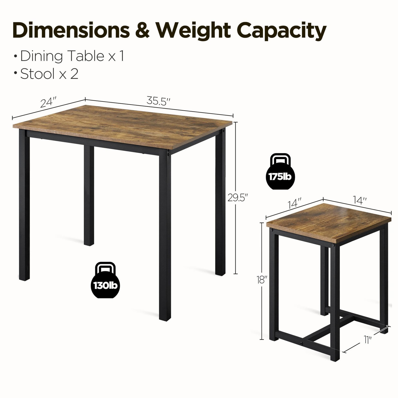 3 Pcs Dining Table Set - Kitchen Table & Chair Sets for 2 - Compact Table, Brown gallery