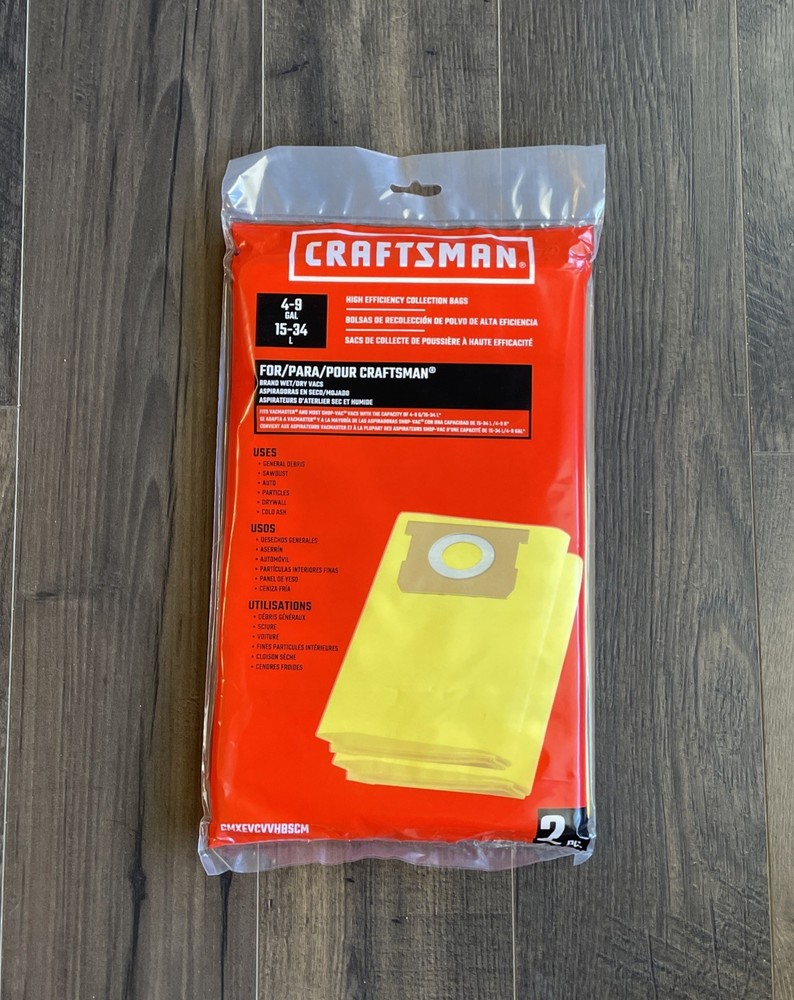 2pc CRAFTSMAN High Efficiency Collection Bags for 4-9 Gallon Wet Dry Vac NEW