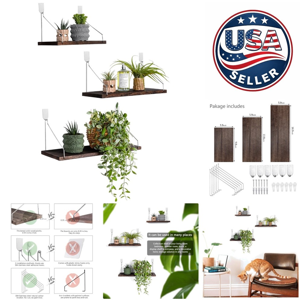 Rustic Solid Wood Floating Shelves Set of 3 - No Drill Installation, Retro Color