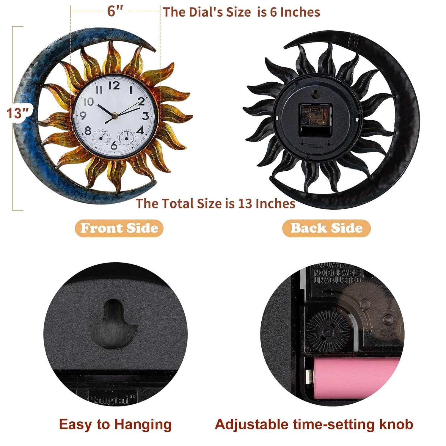 Sun and Moon Outdoor Wall Clock Solar Powered Patio Living Room Decorative gallery