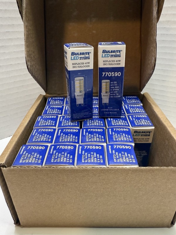 25 Pack Bulbrite 770590 LED Mini Bulb 4.5W=40W 120V T4 2-Pin G9 Base Clear 27K gallery