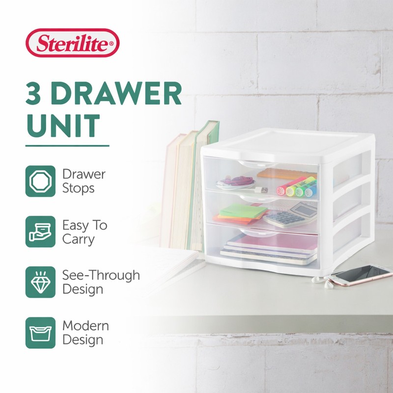 Sterilite ClearView Plastic Small 3 Drawer Desktop Storage Unit, White, 6 Pack gallery