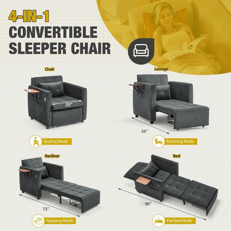 Convertible Sleeper Chair 4 in 1 Pull Out Sofa Bed for Adults with Wing Table gallery