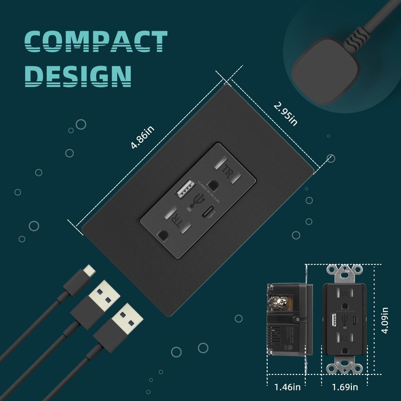 Black USB Wall Outlets, 4.8A USB Wall Receptacle with Type A & Type C Ports, Dup gallery