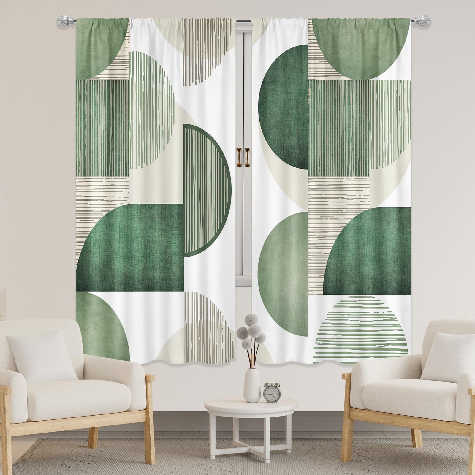 Abstract Geometric Green Curtains 42Wx63H Inch Rod Pocket Modern Minimalist S... gallery