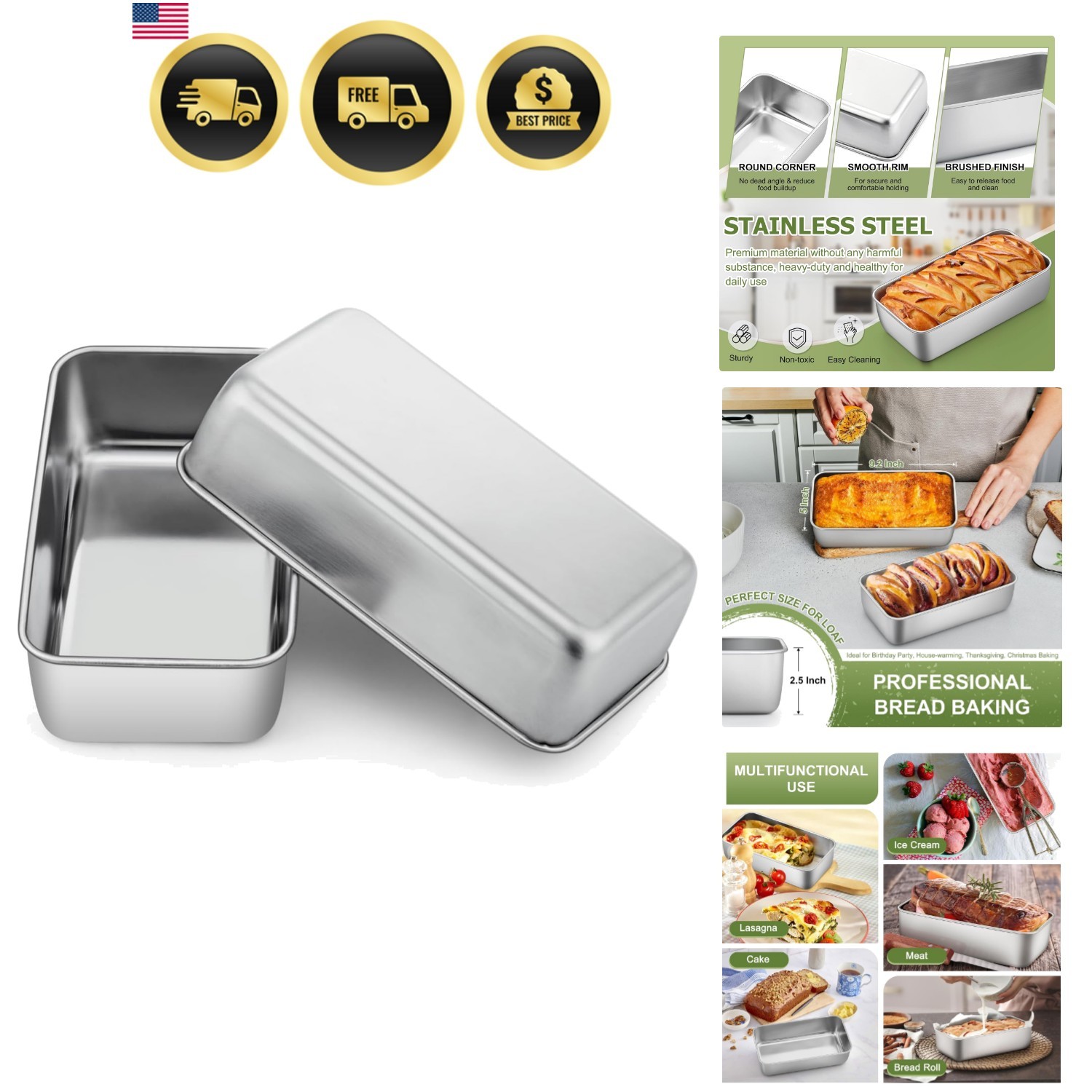 Loaf Pan Set, 9 x 5 Inch Bread Pans, Stainless Steel Loaf Toast Baking Pans F... gallery
