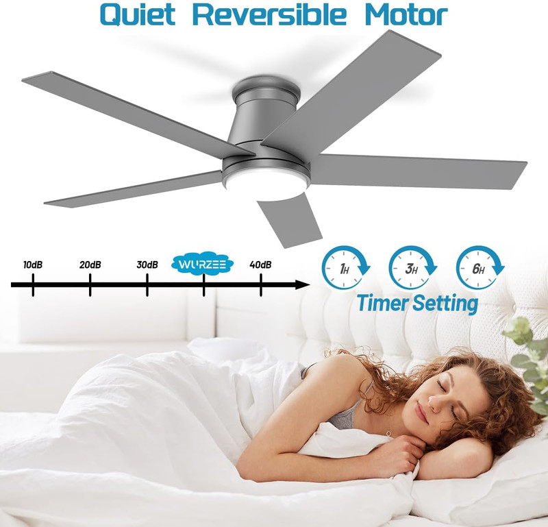 Matte Silver 52" Flush Mount Ceiling Fan with Light & Reversible DC Motor gallery